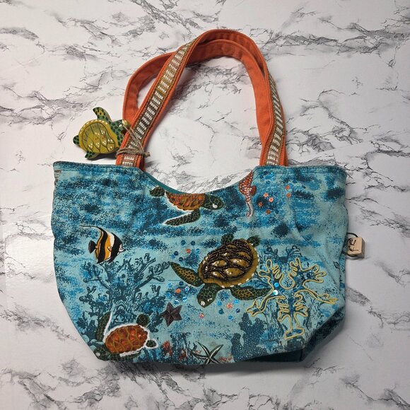 Paul Brent Sun N' Sand Blue Orange Ocean Themed Sequined Medium Handbag - Picture 1 of 10